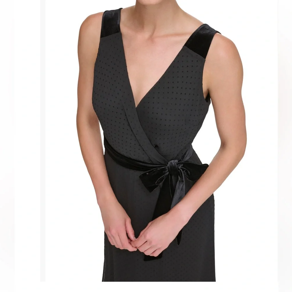 NWOT DKNY black faux wrap belted sleevless gown. Size 12. - Picture 5 of 5